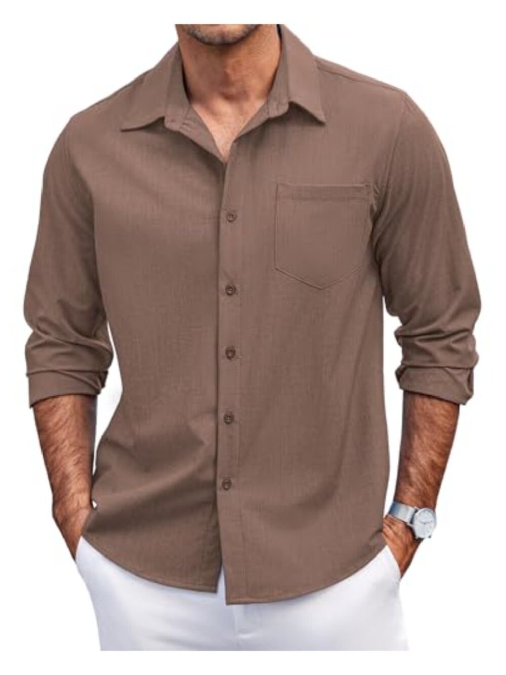 Men's Long Sleeve Faux Linen Button Down Shirt Regular Fit Casual